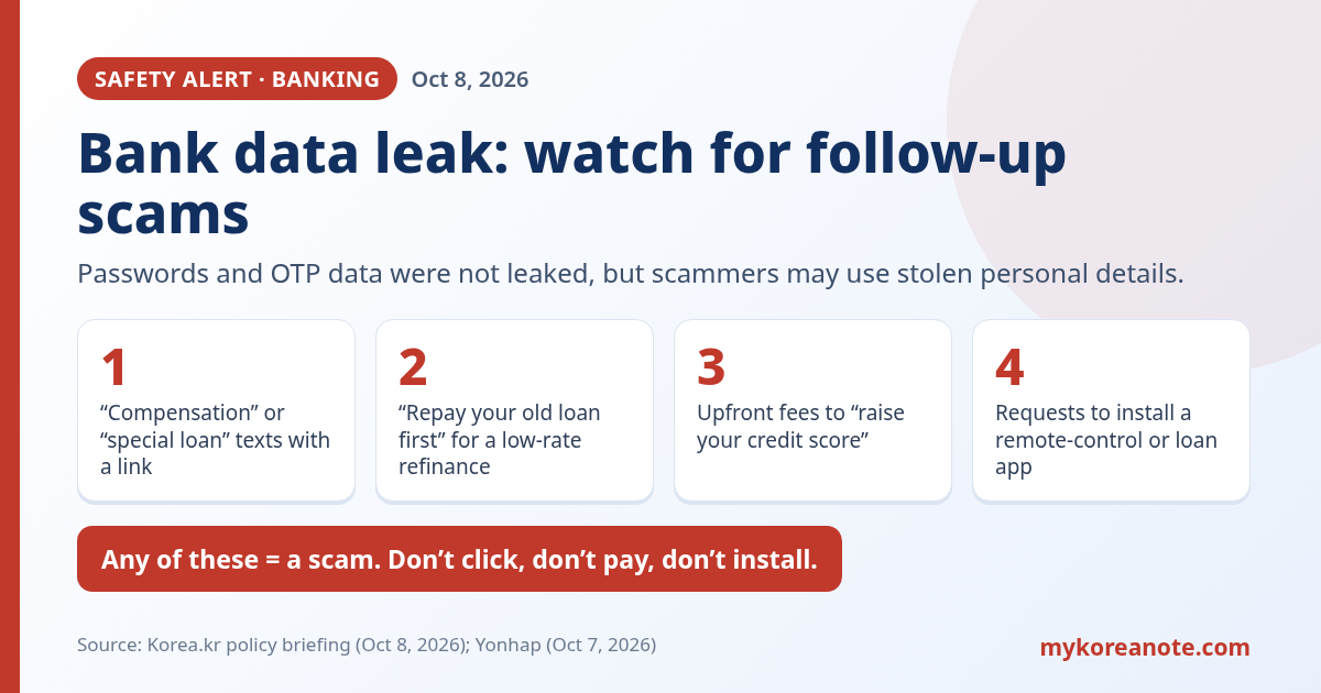 Infographic: four scam types after the Korean bank data leak - fake compensation texts, loan repayment tricks, upfront fees, malicious apps