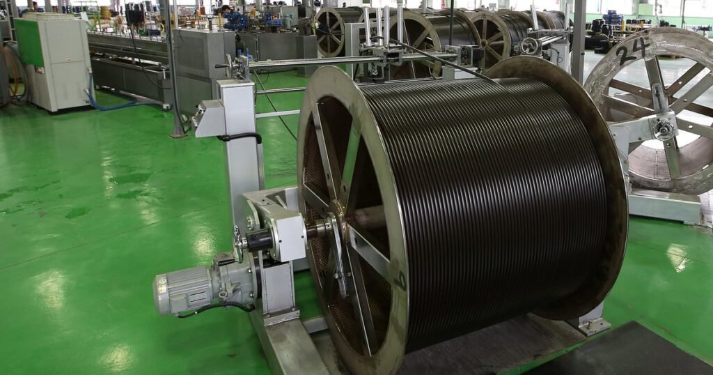 Production line with large hose reels on the green floor of a factory in a South Korean industrial complex