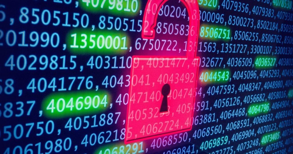 Red unlocked padlock over glowing lines of numbers, illustrating a data security breach