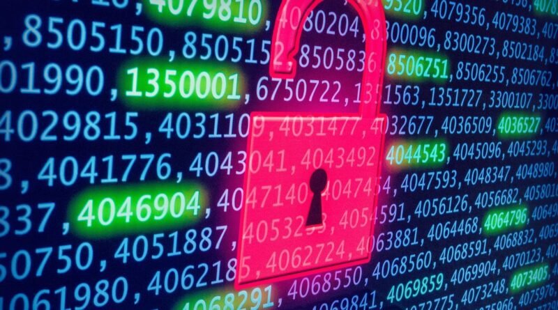 Red unlocked padlock over glowing lines of numbers, illustrating a data security breach
